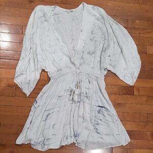 Lagenlook boho peasant white/gray marble dress. V Neck, dolmann sleeves.